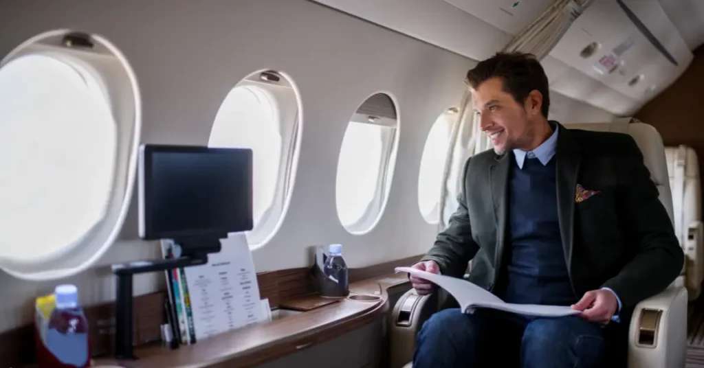 Luxury travel deals on a private jet with a smiling passenger reading beside large windows and refreshments.